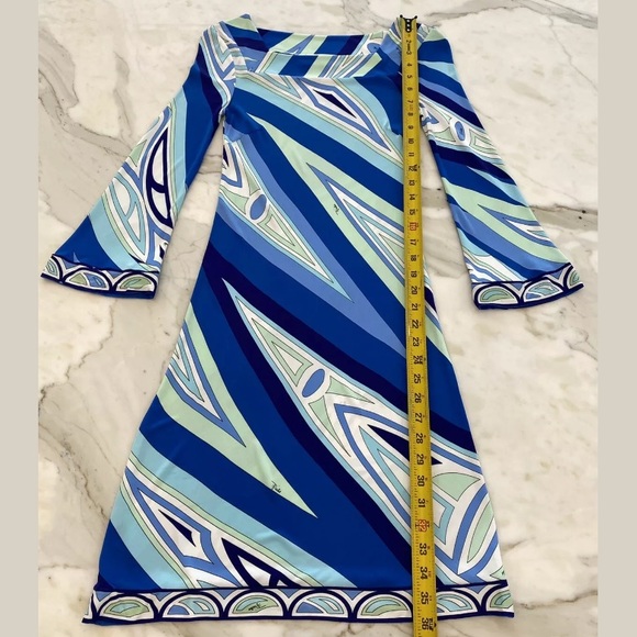 EMILIO PUCCI BLUE MULTI SQUARE NECK BELL SLEEVE DRESS SIZE IT 38 / US 4 - Picture 13 of 16
